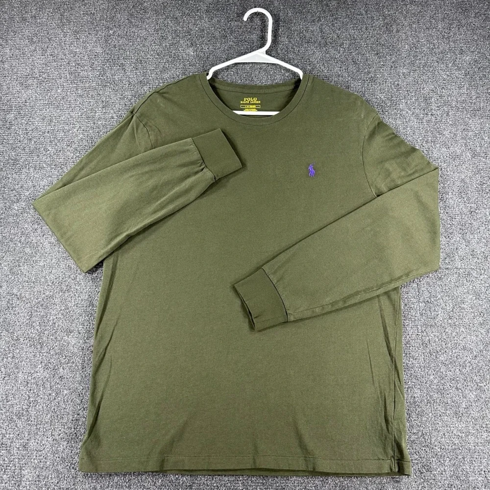 Polo Ralph Lauren Long Sleeve T-Shirt Mens L Large Olive Green Purple Pony Logo